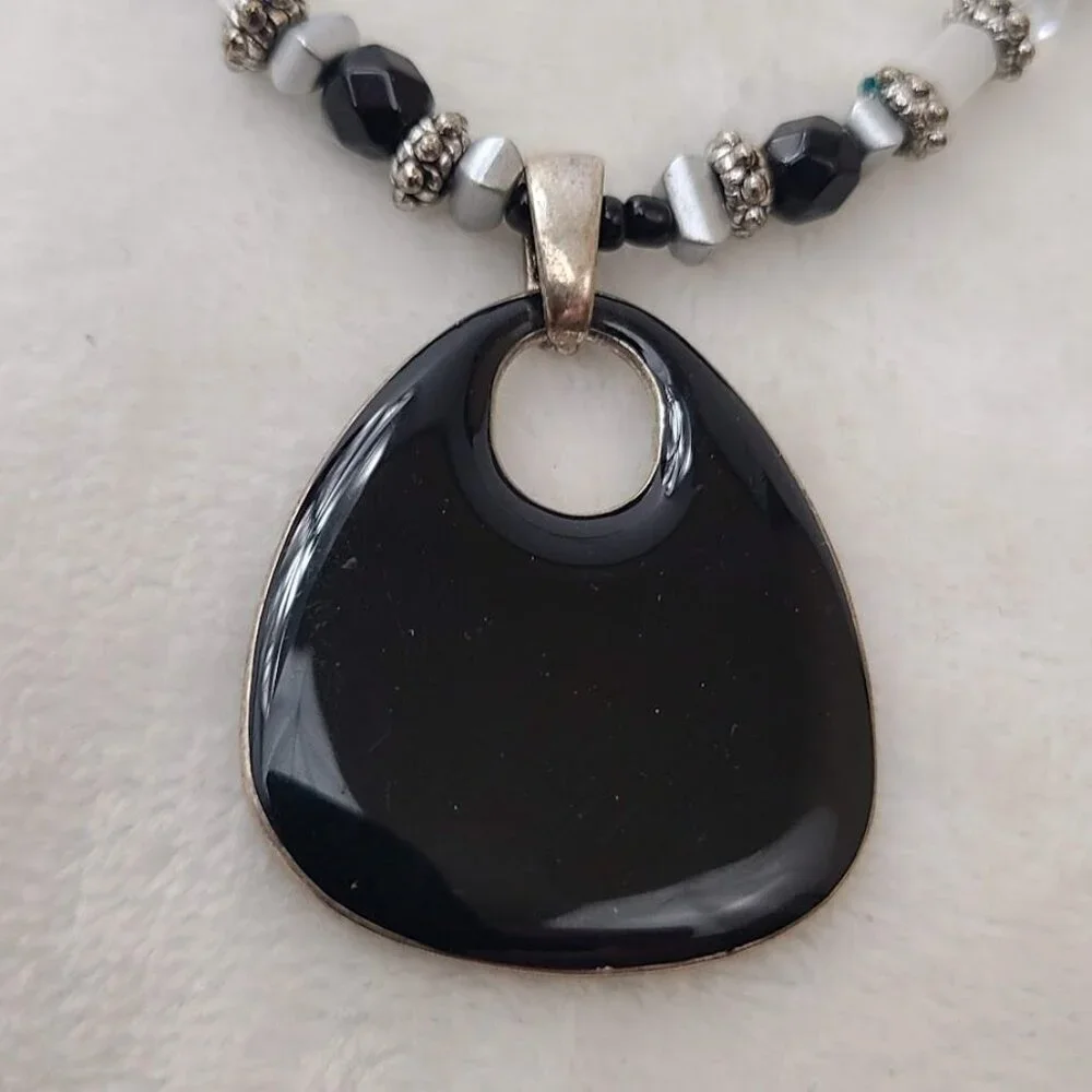 Beaded Black Pendant Statement Necklace  Adjustable Chain Silver-Tone Accents - Picture 5 of 11